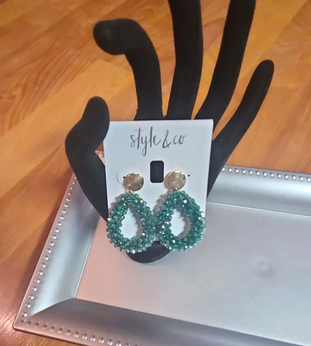 Style & Co Green Beaded Teardrop Dangle Earrings with Gold-Tone Stud Tops